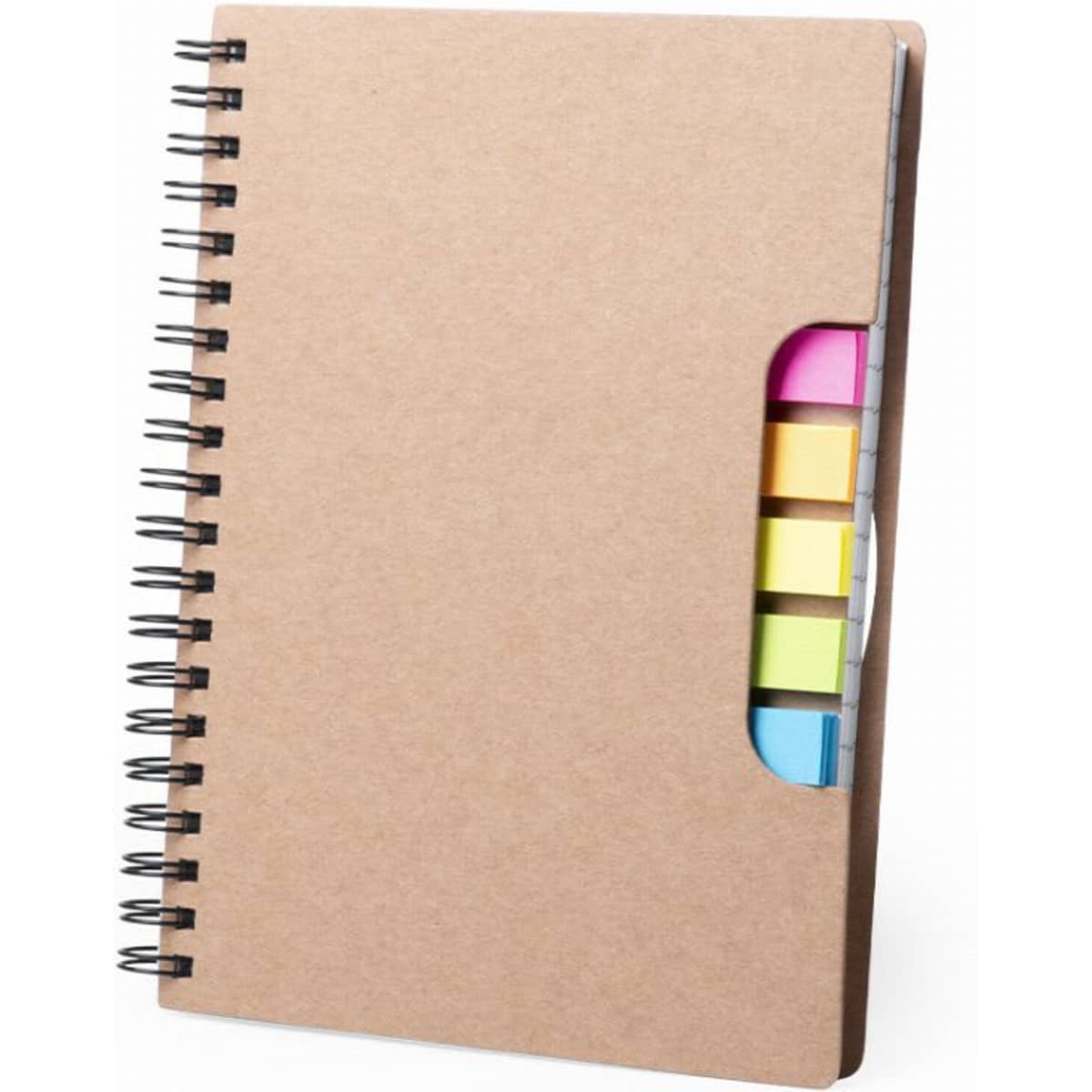A spiral-bound notebook with a kraft cover and colourful sticky tabs peeking out from a side pocket.