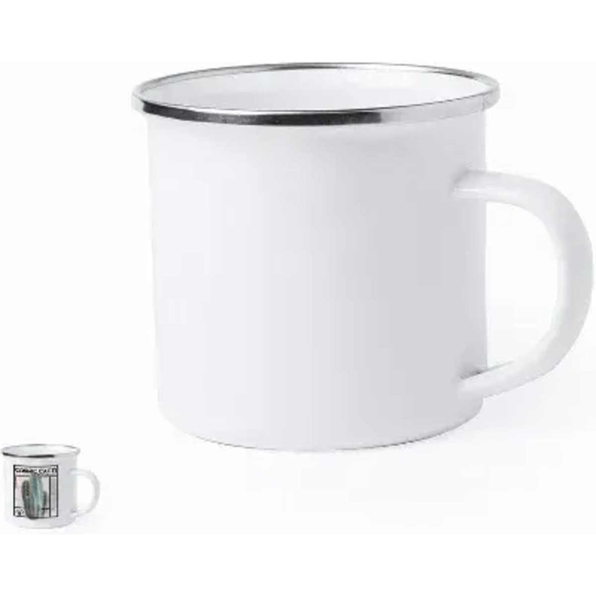 A white enamel mug with a silver rim and a sturdy handle, featuring a small image of the mug in the corner.
