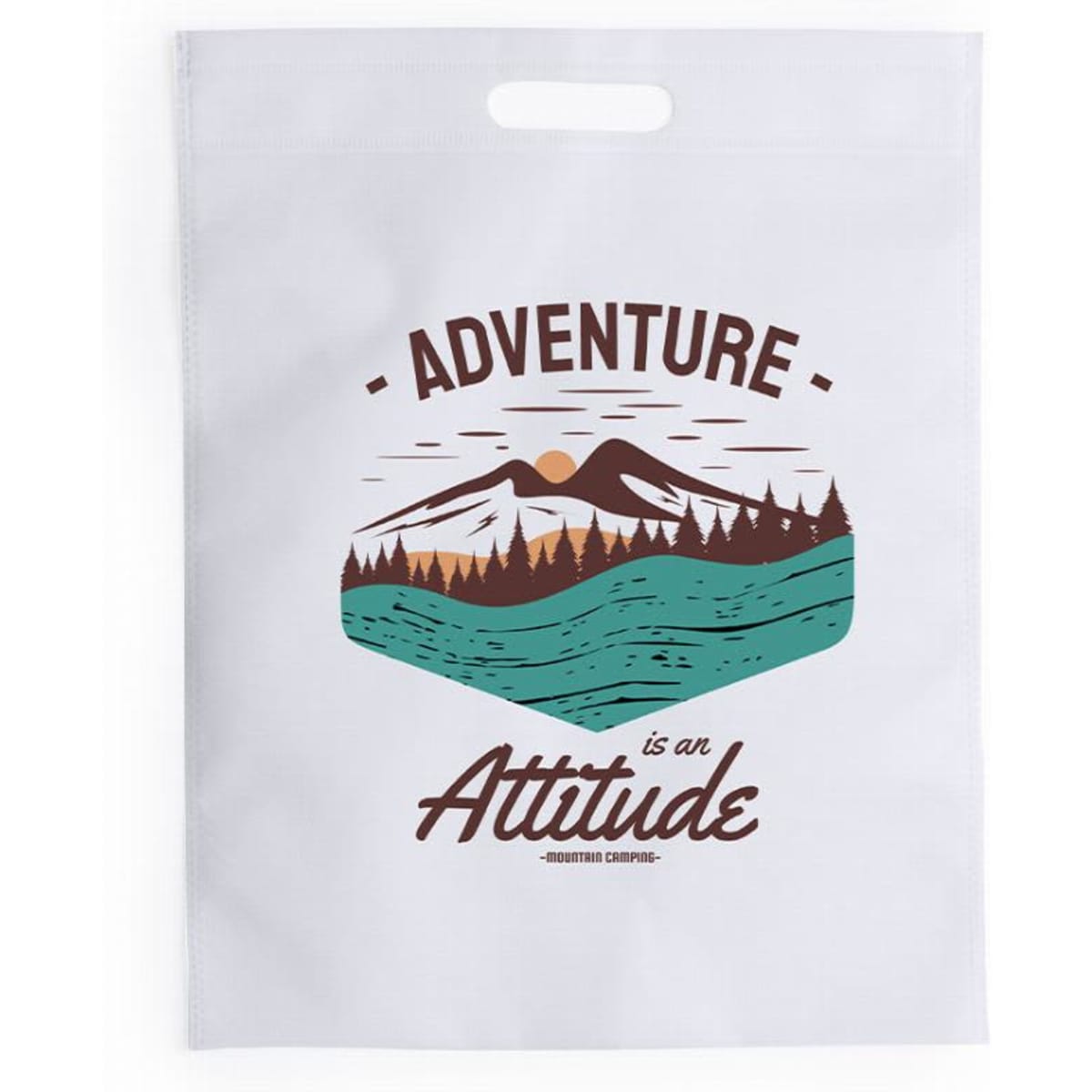 A white bag featuring a mountain and forest design with green and brown colours, and a logo.