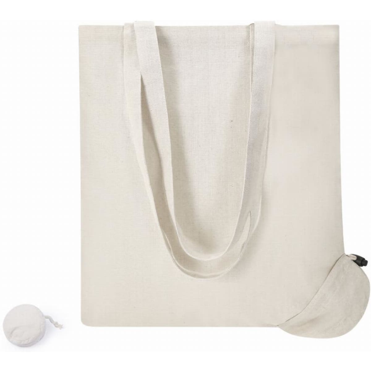 A beige tote bag with long handles, featuring a compact pouch for storage.
