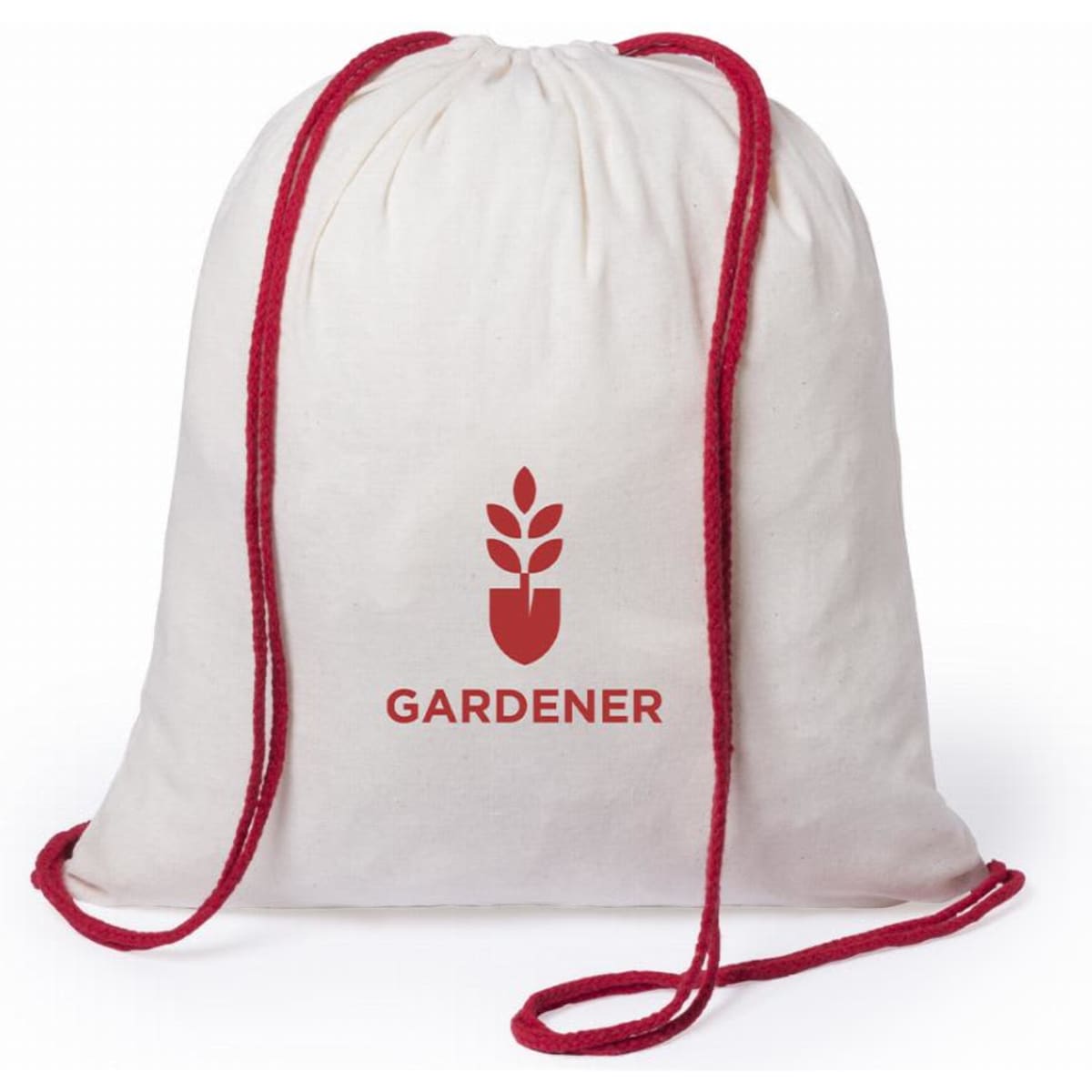 A drawstring bag in cream with red cords, featuring a logo and the word "GARDENER" printed on it.