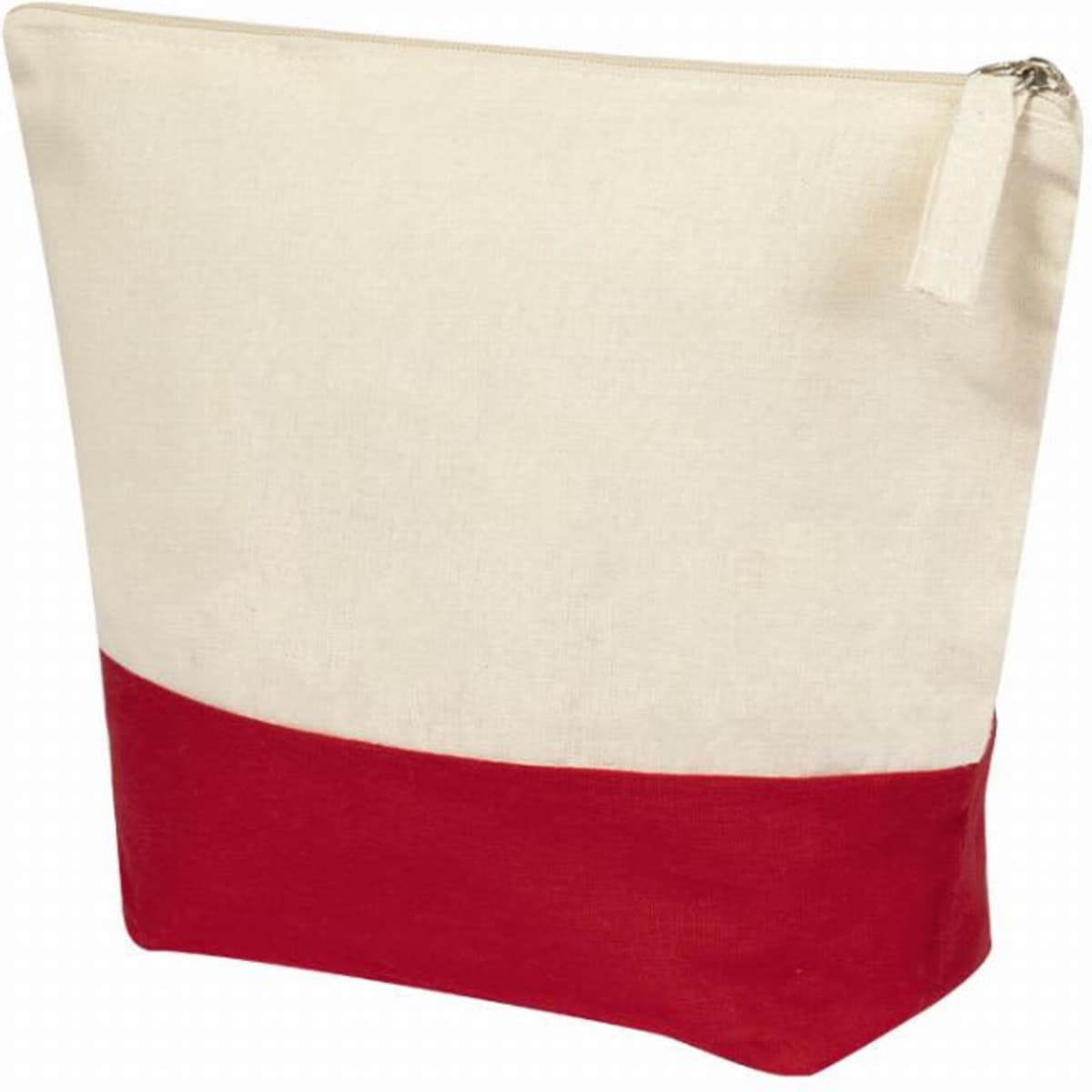 A canvas pouch featuring a cream upper section and a bold red bottom, topped with a zip closure.