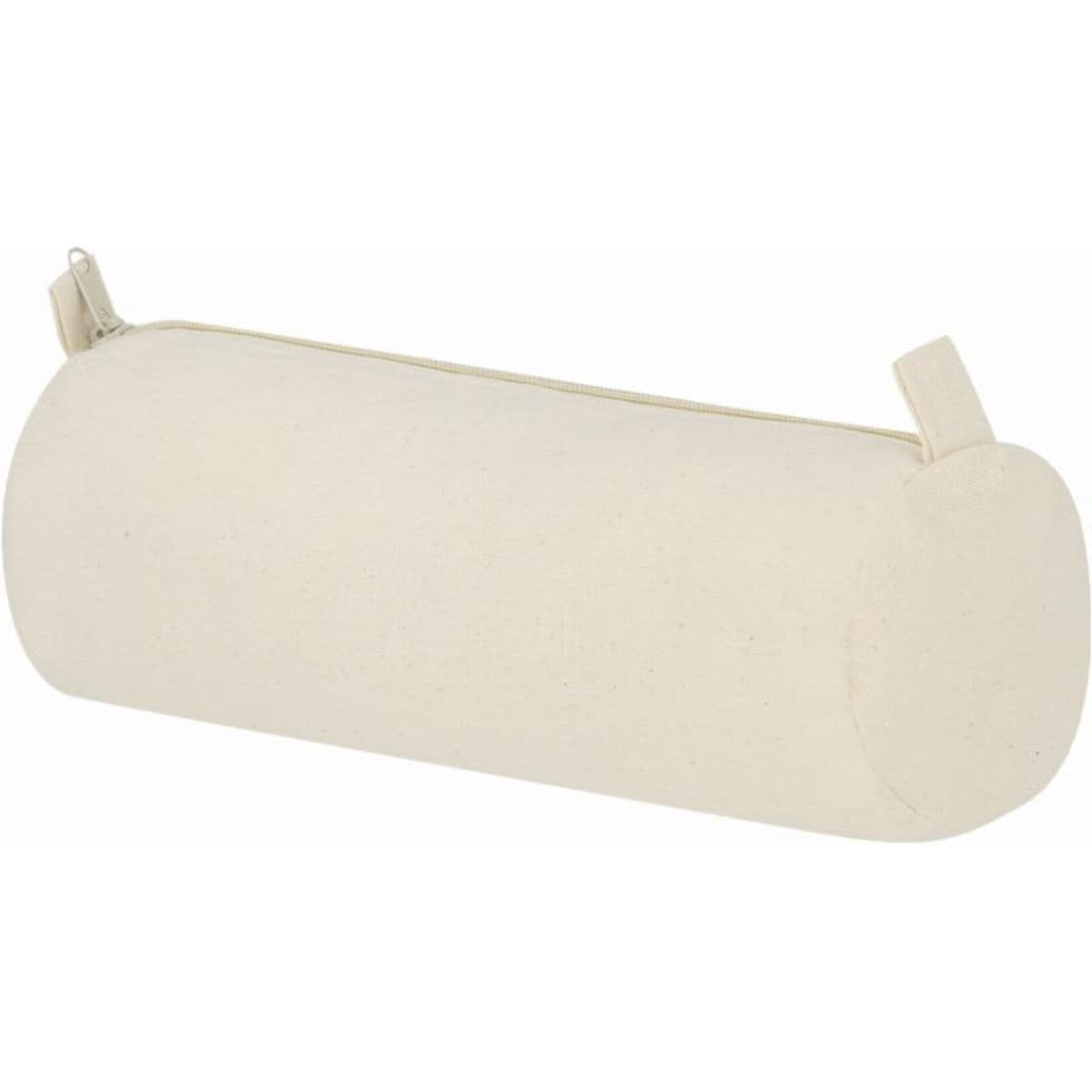 A cylindrical cream-coloured pencil case with a zip closure and two small handles on the sides.