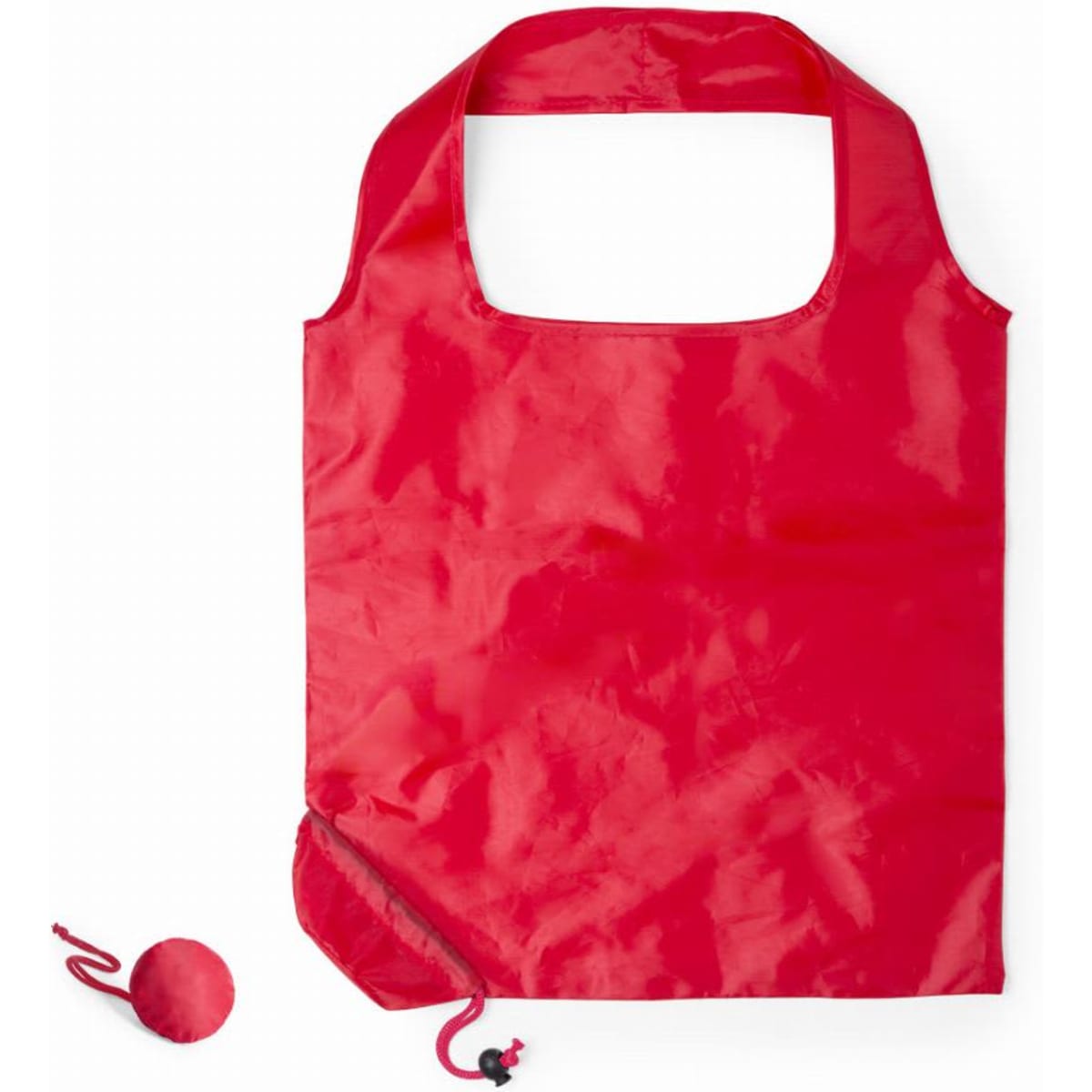 A foldable tote bag in vibrant red, with a matching storage pouch for compact carrying.