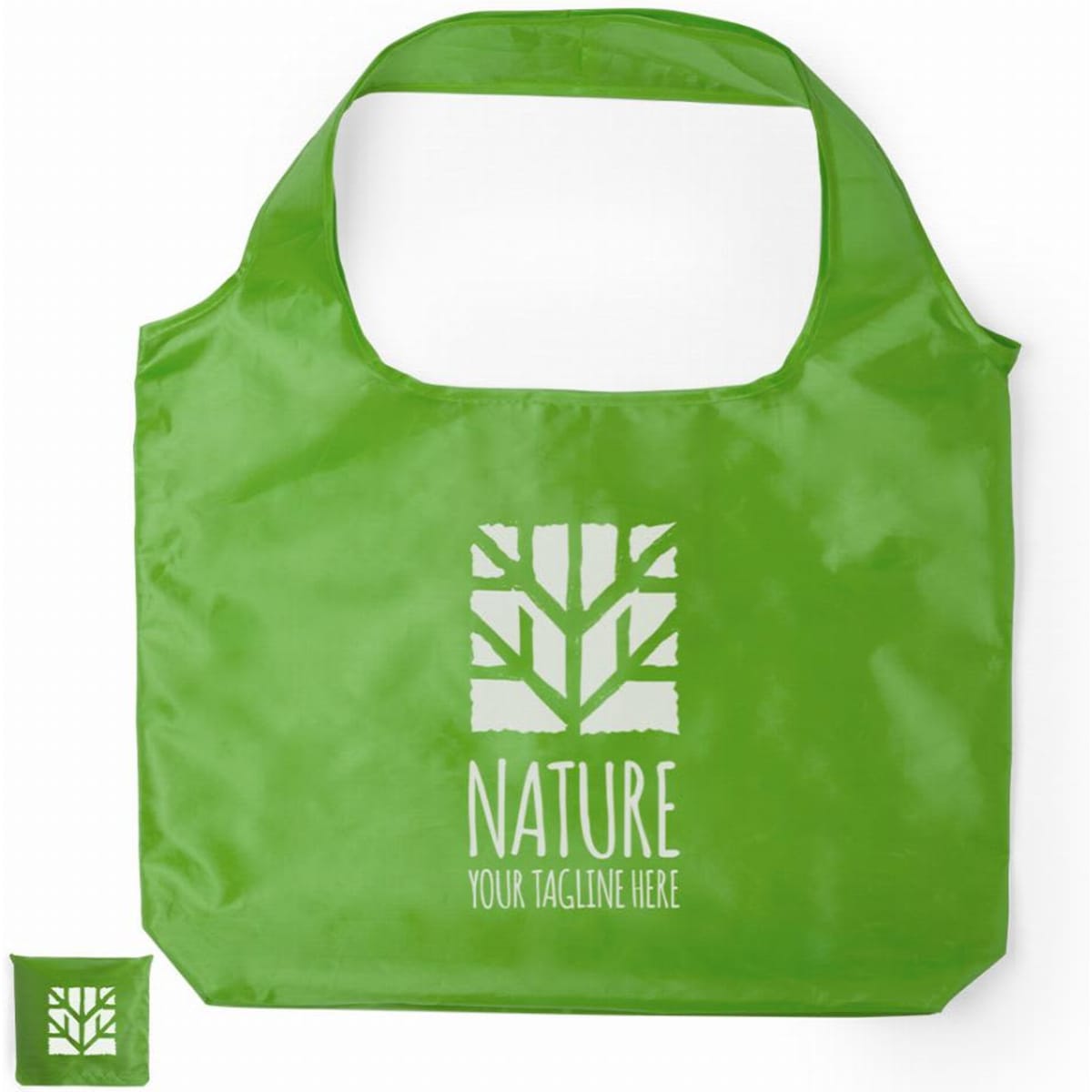 A green reusable shopping bag with a tree design and a logo. It folds into a smaller pouch for storage.