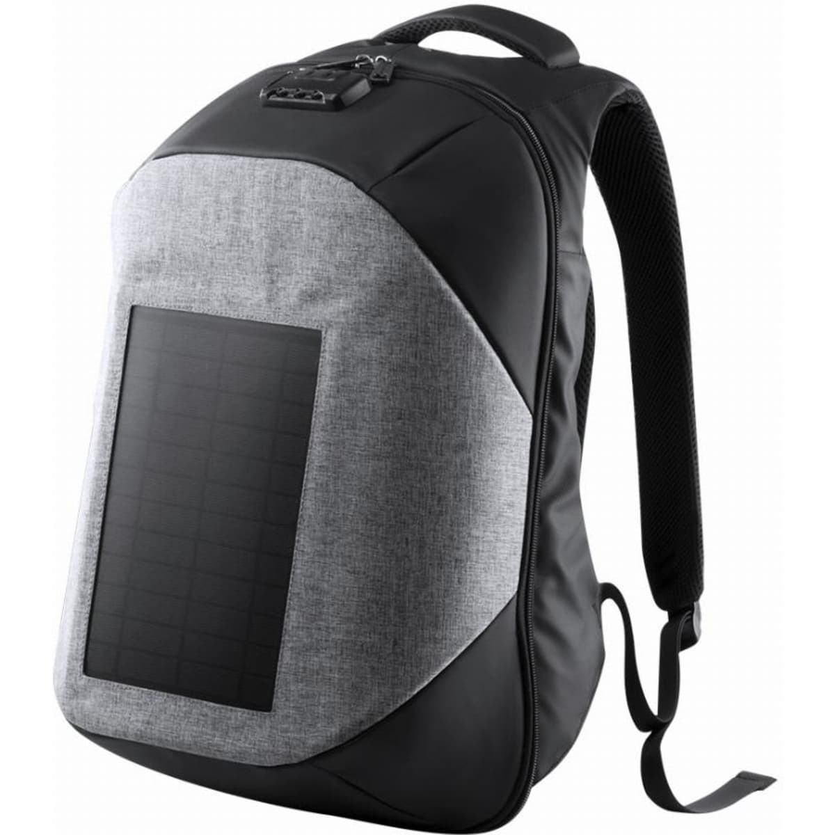 A backpack with a grey and black design, featuring a solar panel on the front. It has adjustable straps.