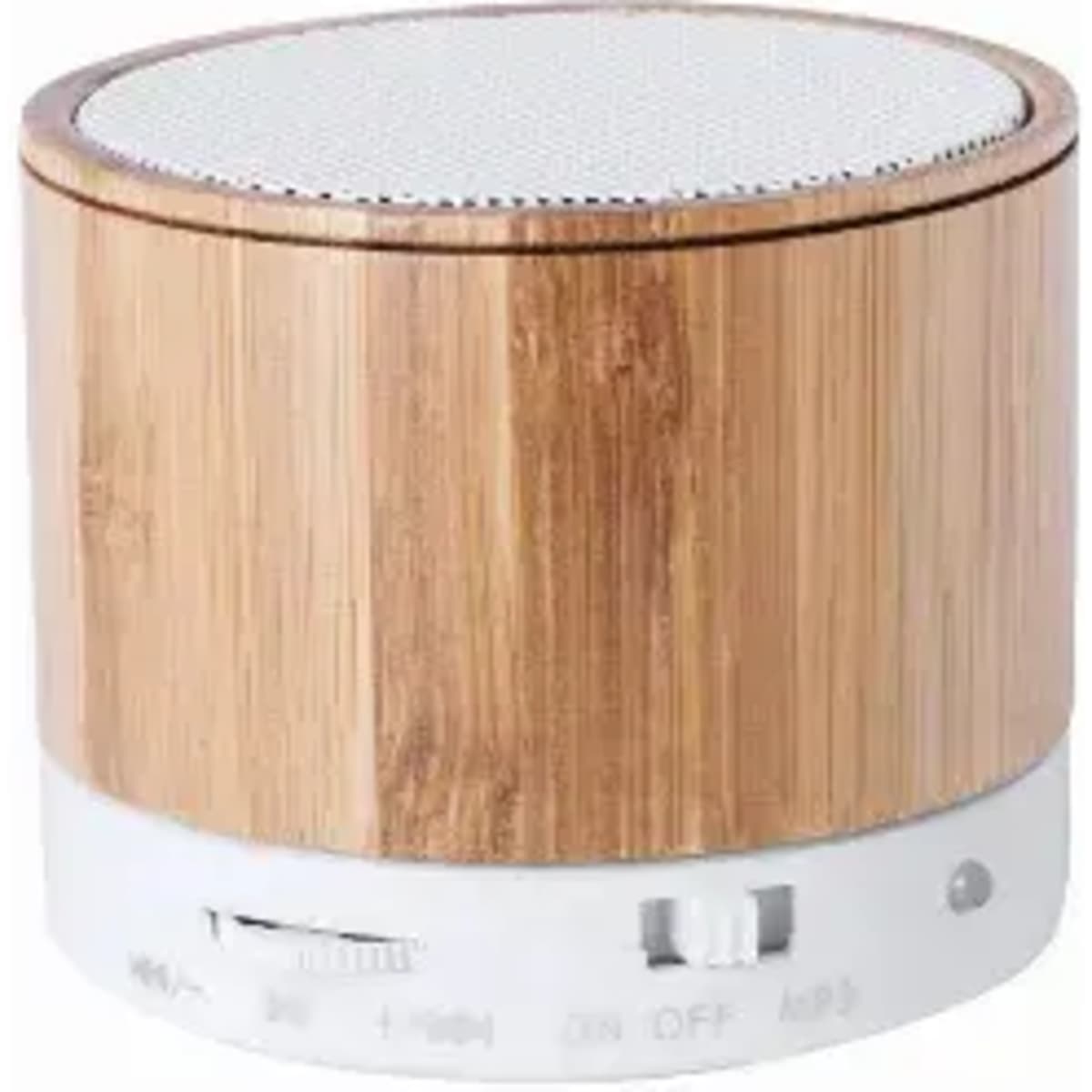A bamboo-textured speaker with a white base and control knobs. It features a mesh top for sound output.