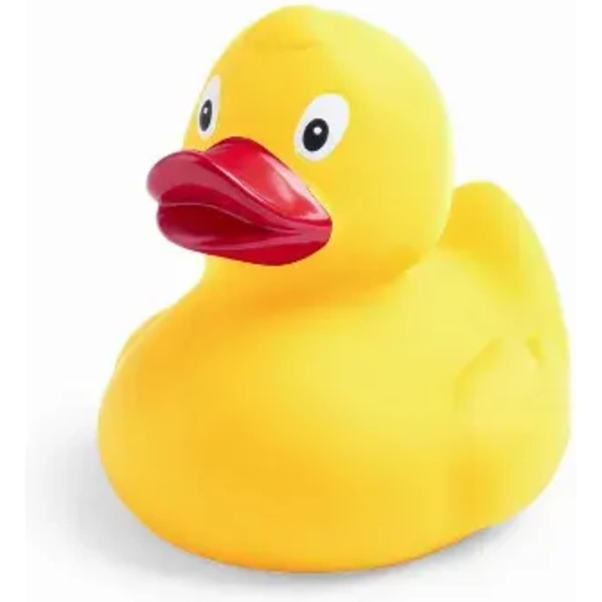 A rubber duck in bright yellow with a red beak, featuring a friendly expression and rounded body.