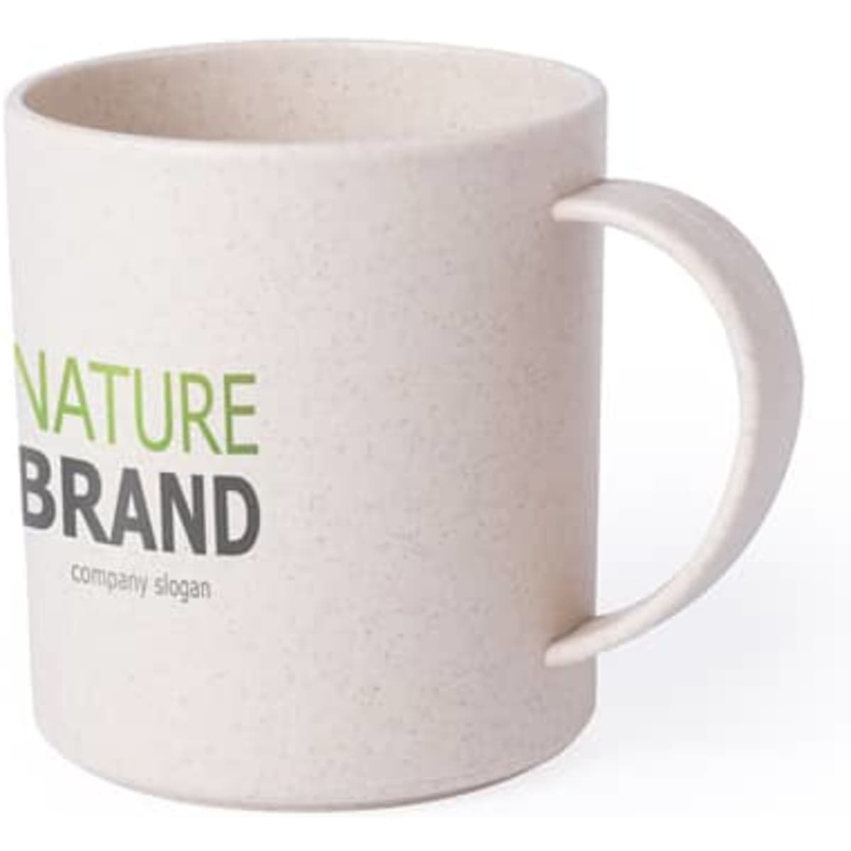 A Bamboo Fibre Mug in a light beige colour, featuring a handle and a logo. Holds 350ml.