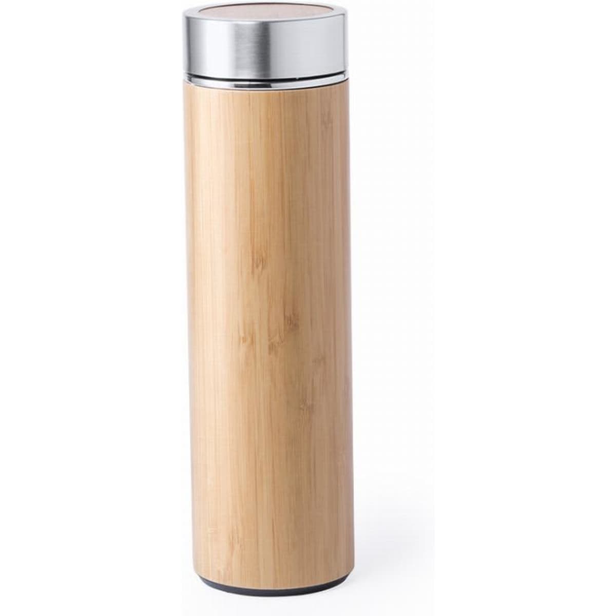 A drink bottle with a bamboo exterior and a silver top, featuring a sleek, cylindrical design.