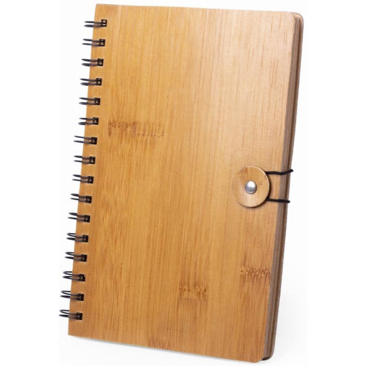 A bamboo notebook with a spiral binding and a single button closure, showcasing natural wooden tones.