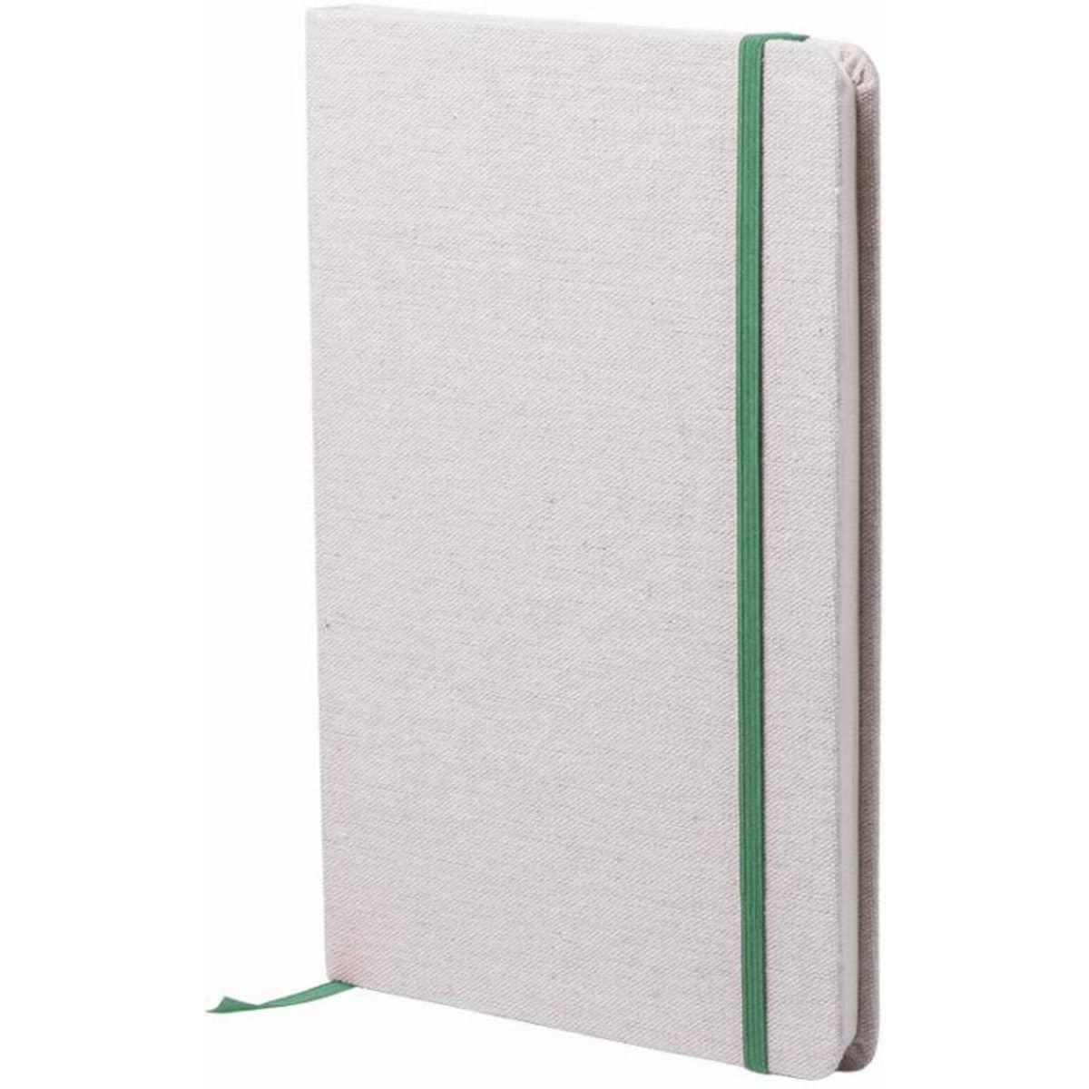 A notebook with a beige cover and a green elastic band, featuring a ribbon bookmark. It has a simple, unbranded design.