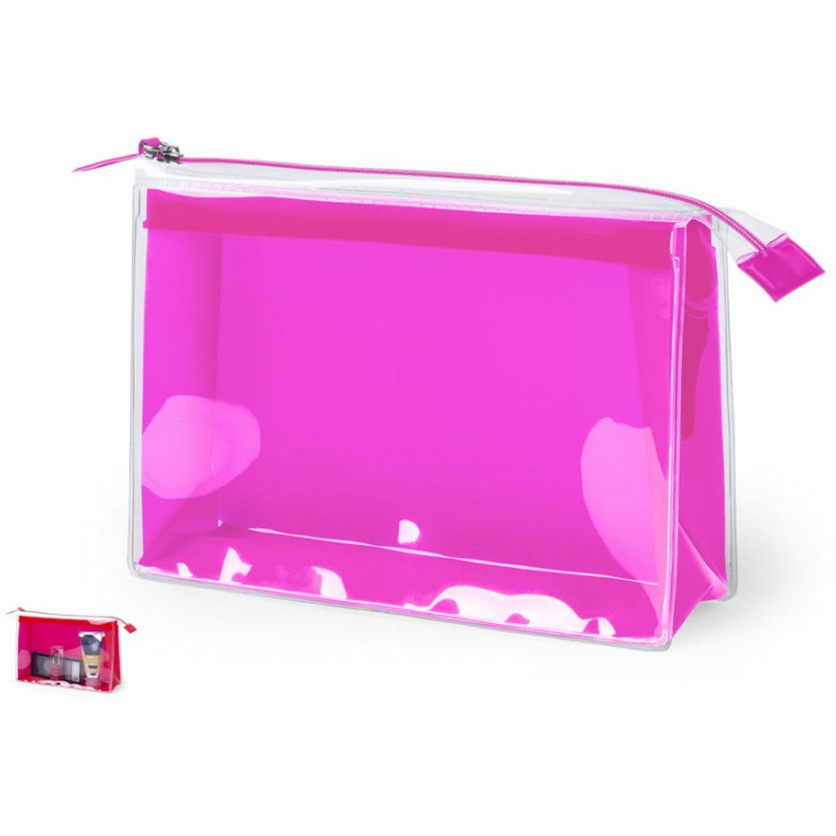 A pink cosmetic pouch with a transparent body and a white zipper, suitable for holding beauty products.