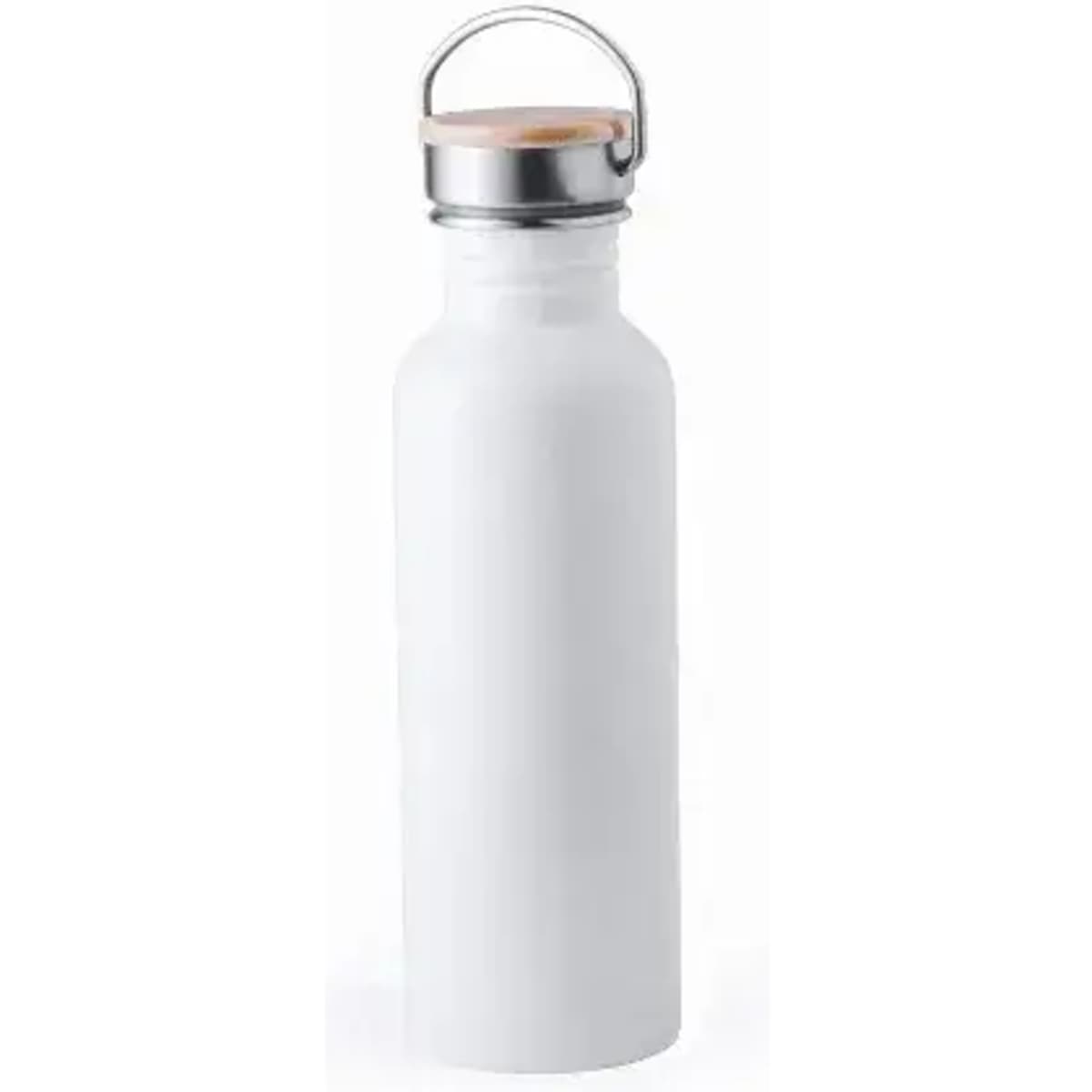 A drink bottle in white, featuring a wooden lid and a metal ring, with branding on the side.