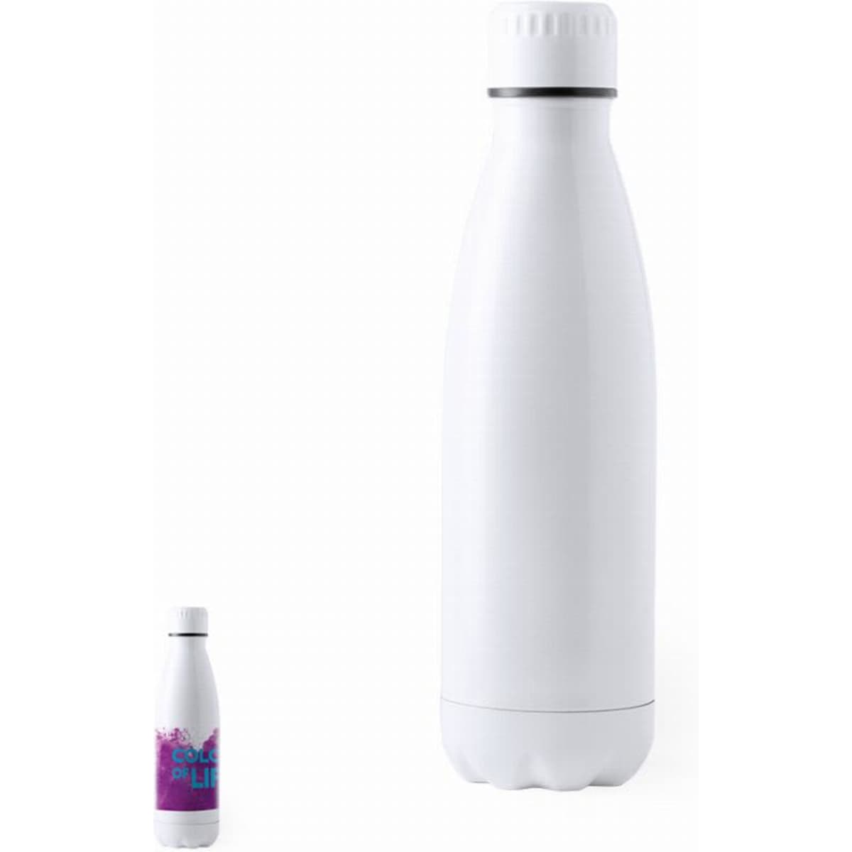 A drink bottle in white, featuring a rounded design and a silver band near the top. Includes a logo.
