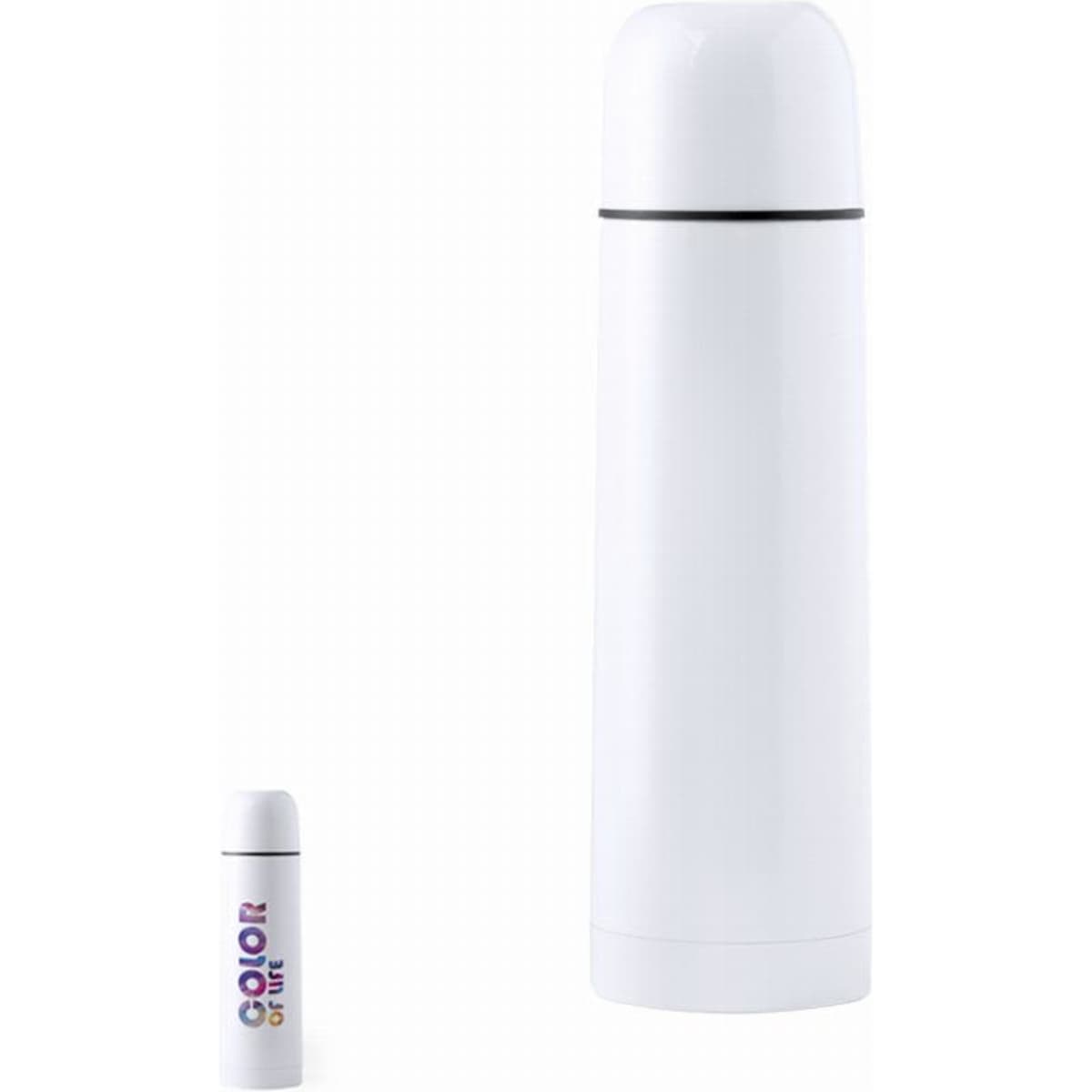 A drink bottle in white, featuring a sleek design with a black band and a branded logo.
