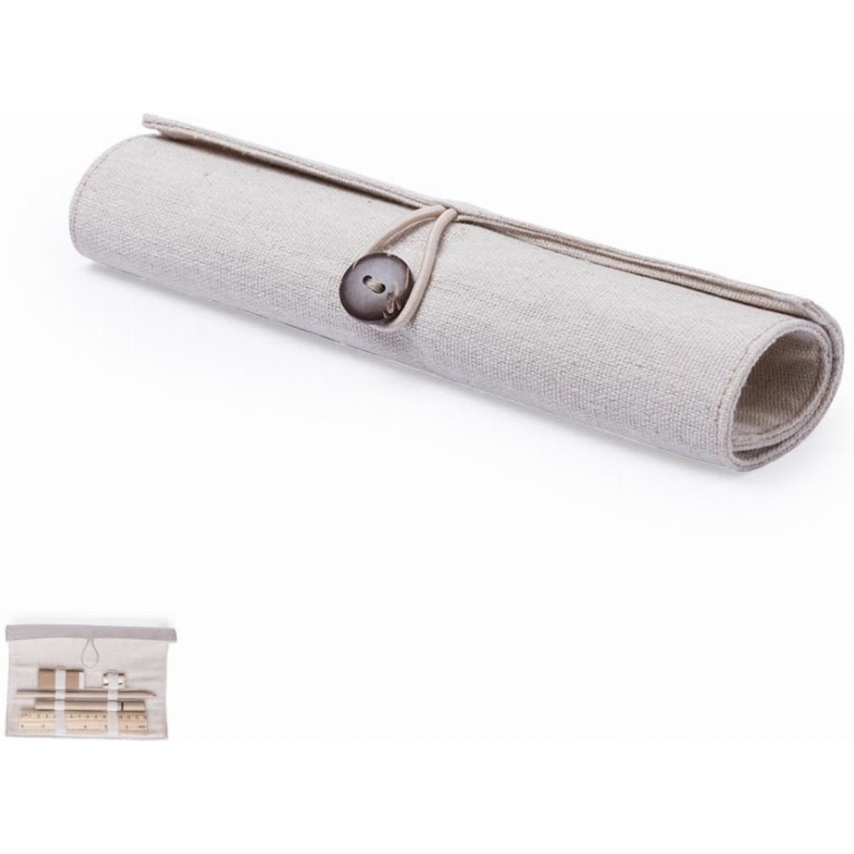 A neutral-coloured linen roll-up holder with a button closure, containing pockets for storing items.