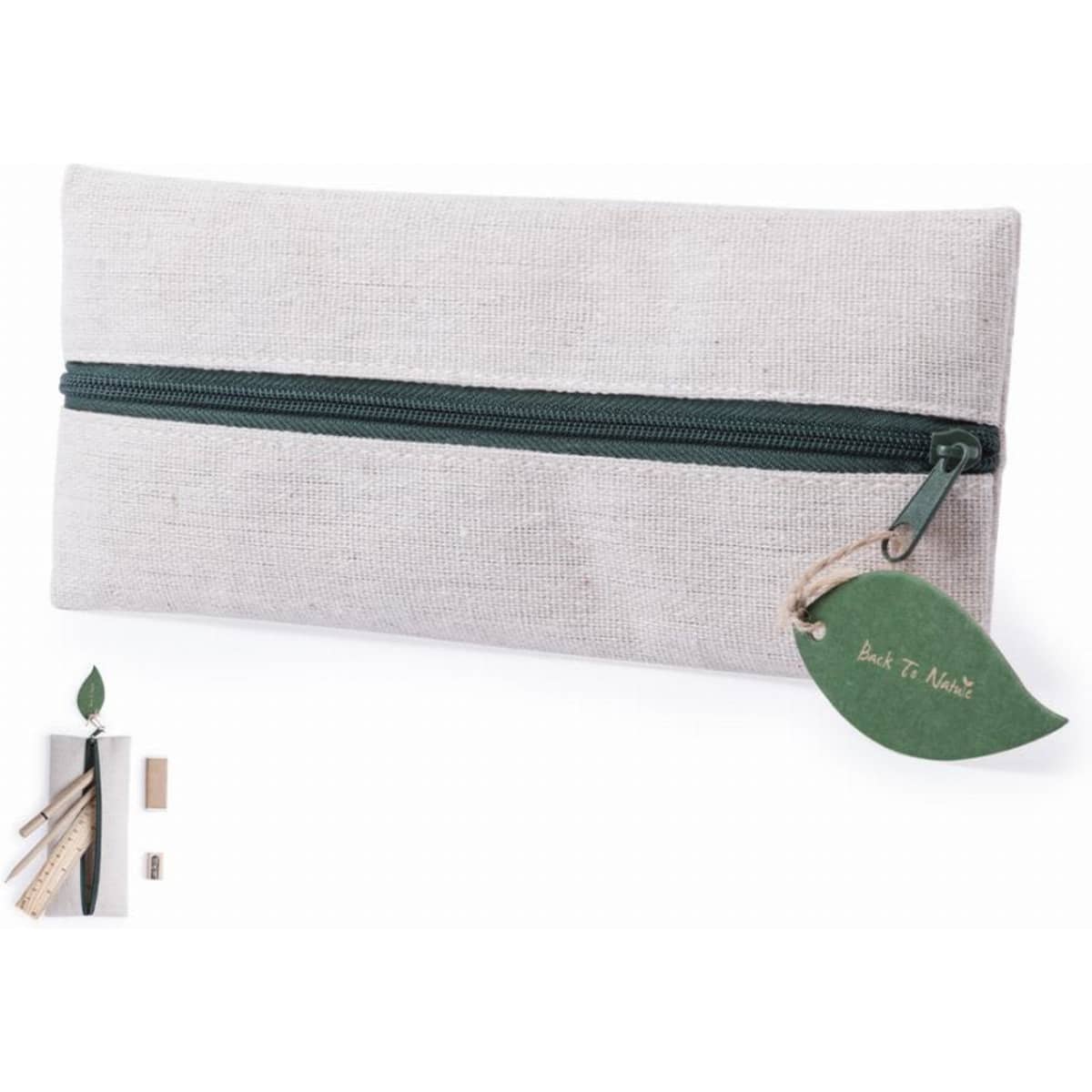 A pencil case in a light grey fabric with a green zipper and a leaf-shaped tag. It features a simple, eco-friendly design.