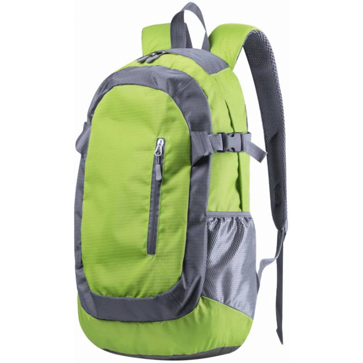 A green and grey backpack featuring adjustable straps, a front zip pocket, and a side mesh pocket.
