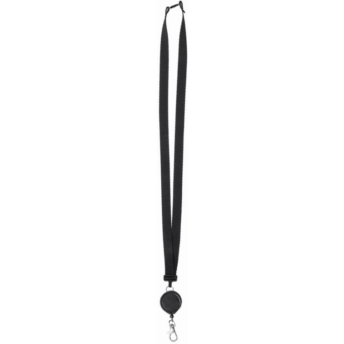 A black lanyard with a retractable badge holder at the end, featuring a clip for attachments.