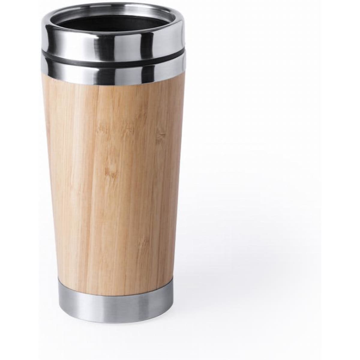 A drink bottle featuring a bamboo body and stainless steel accents, showcasing a sleek and modern design.