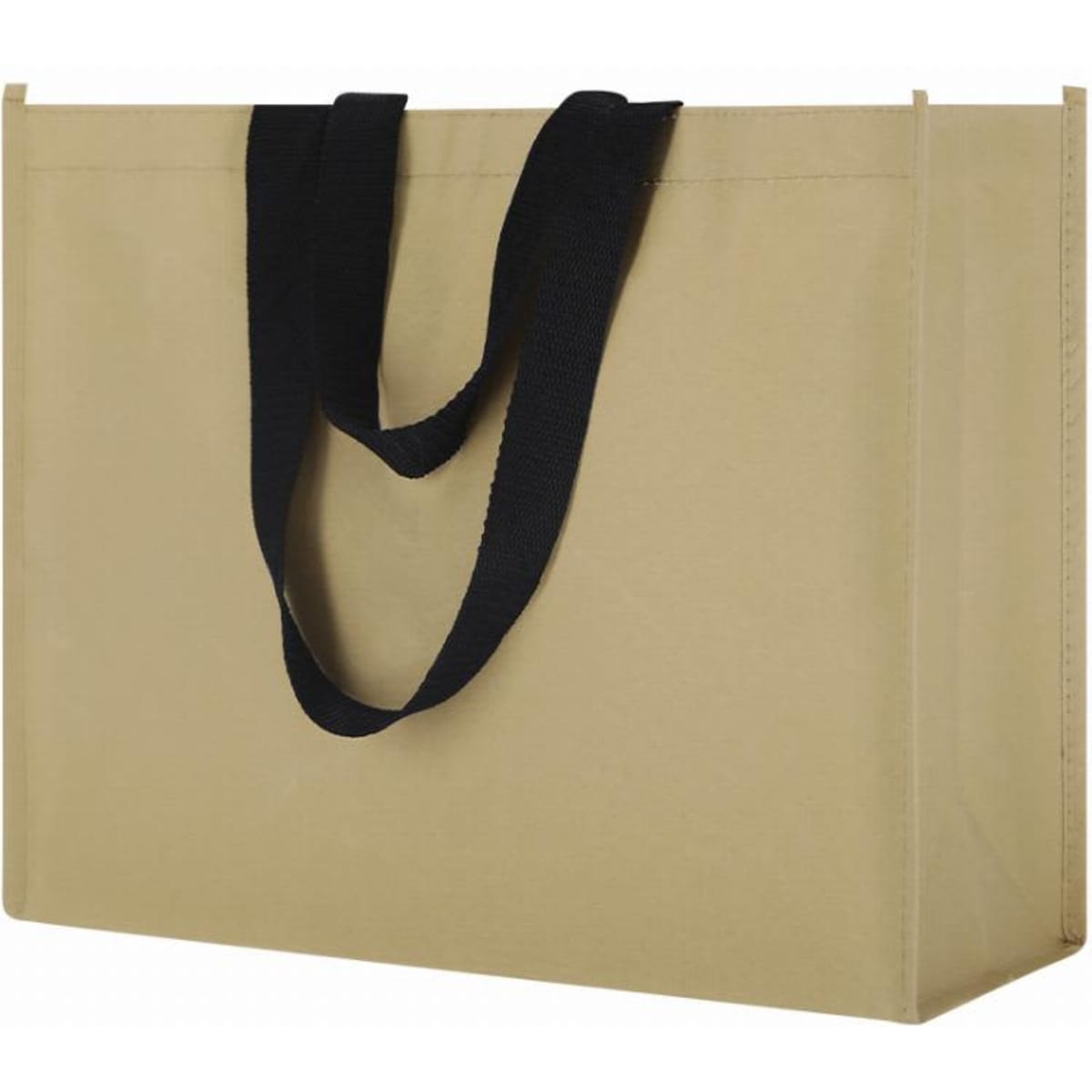 A beige tote bag with black handles, featuring a simple and functional design.