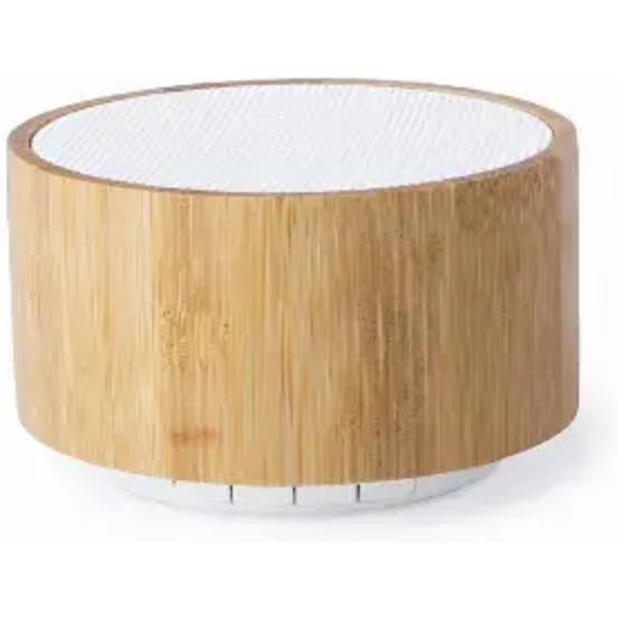 A round speaker featuring a bamboo exterior and a white mesh top. It includes a logo on the base.