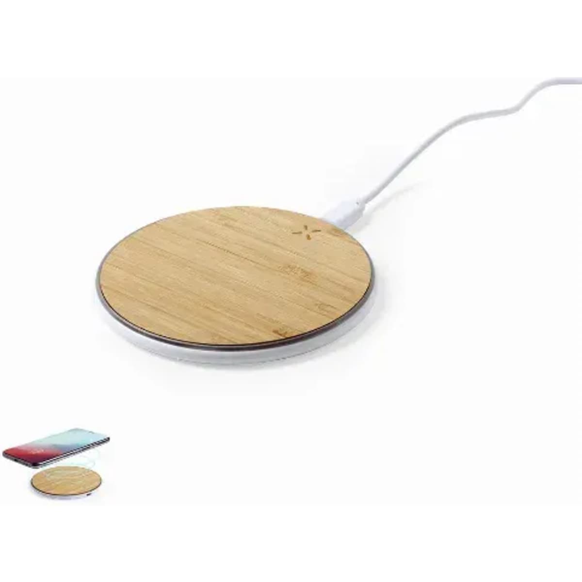A round wireless charger with a bamboo surface and a white charging cable. Features a simple, modern design.