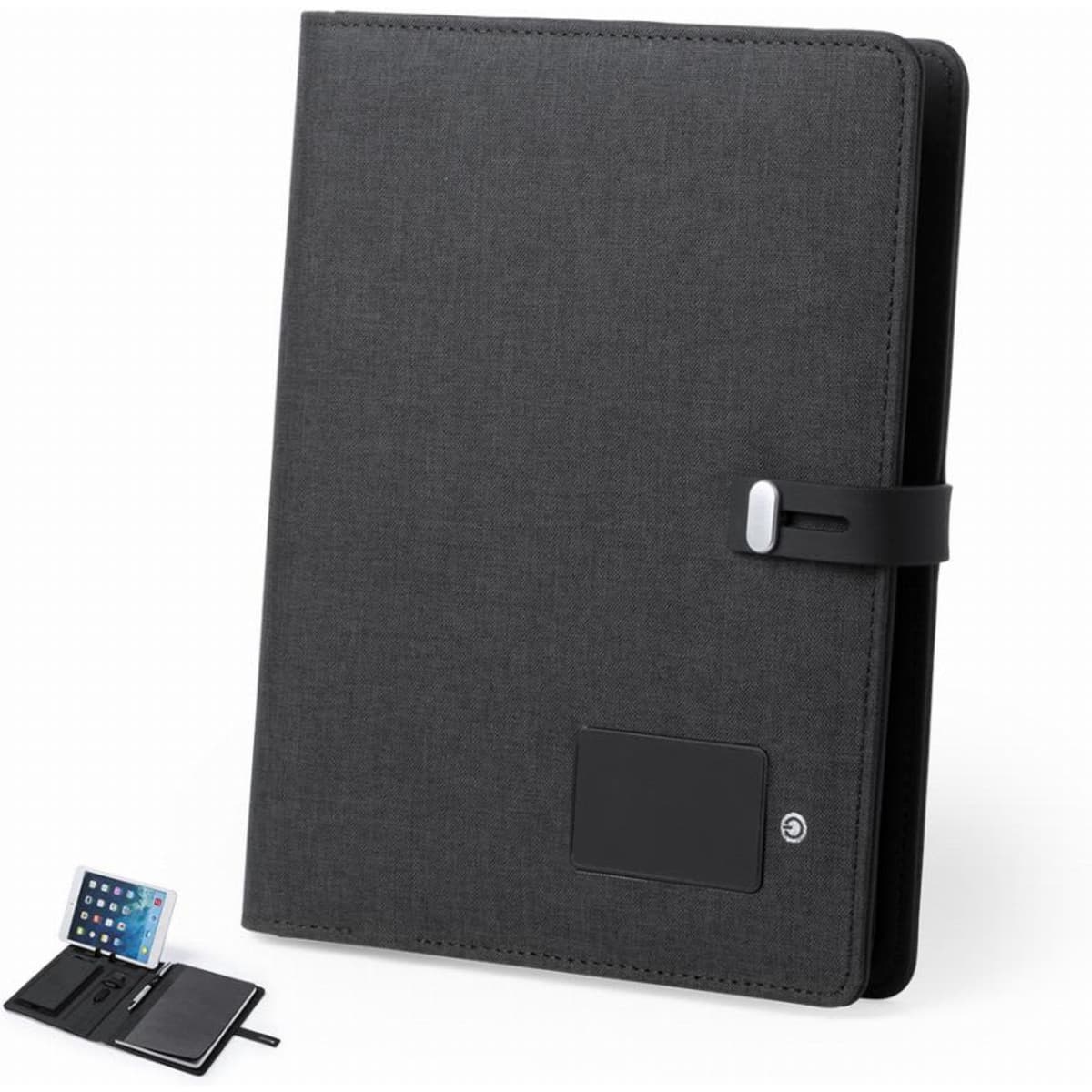 A folder in dark grey fabric, featuring a clasp and a logo, with a phone stand visible in the bottom corner.