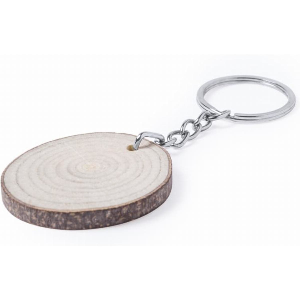 A wooden keychain featuring a circular slice design with a metal chain and ring. The wood displays natural grain patterns.