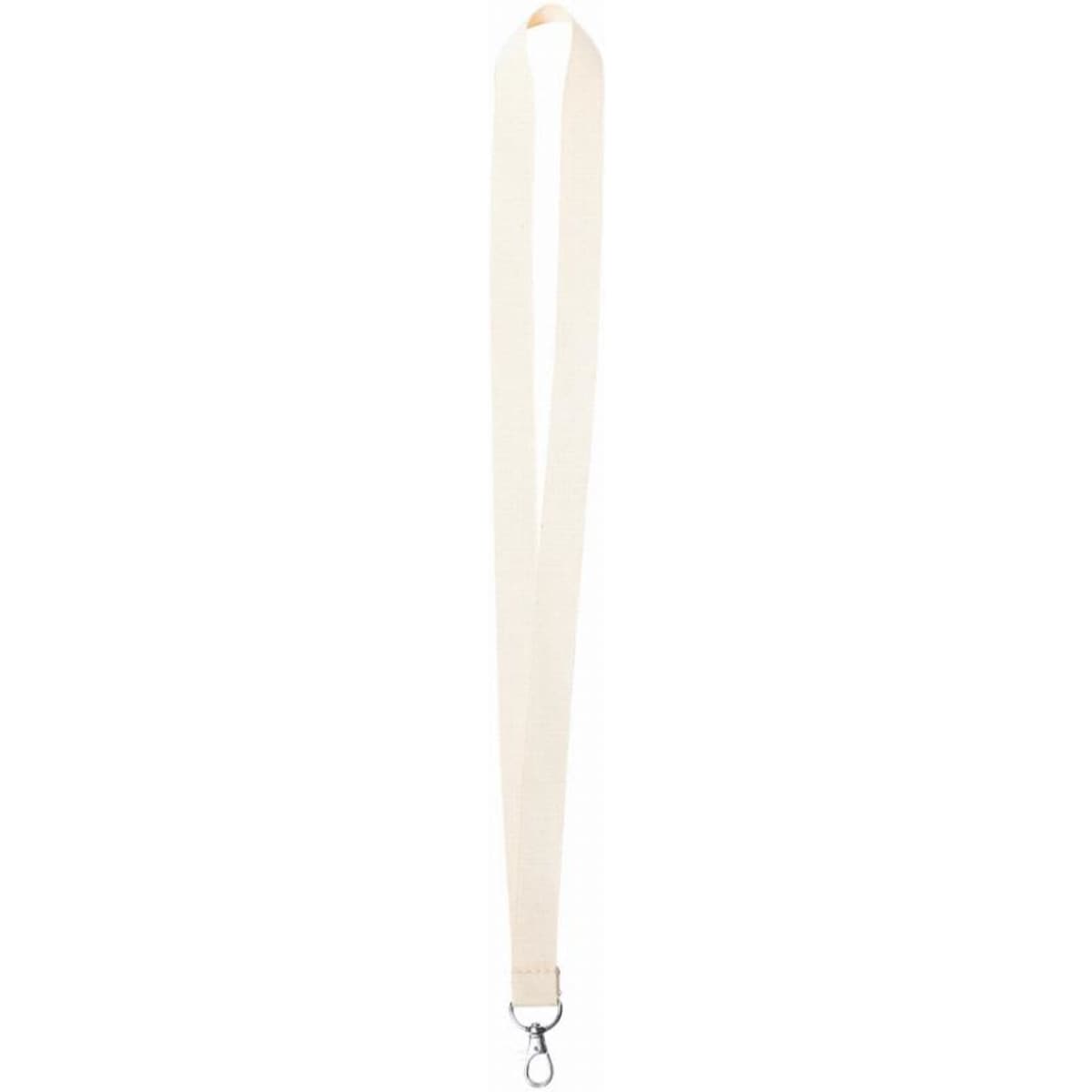 A cream-coloured lanyard with a metal clip for attaching items. It features a simple design without text or branding.