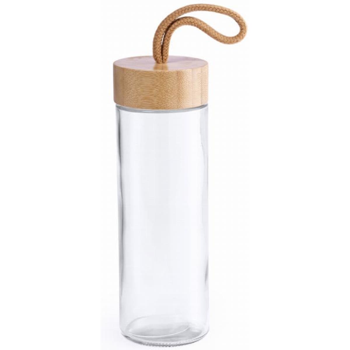 A drink bottle featuring a transparent body with a bamboo lid and a rope handle.