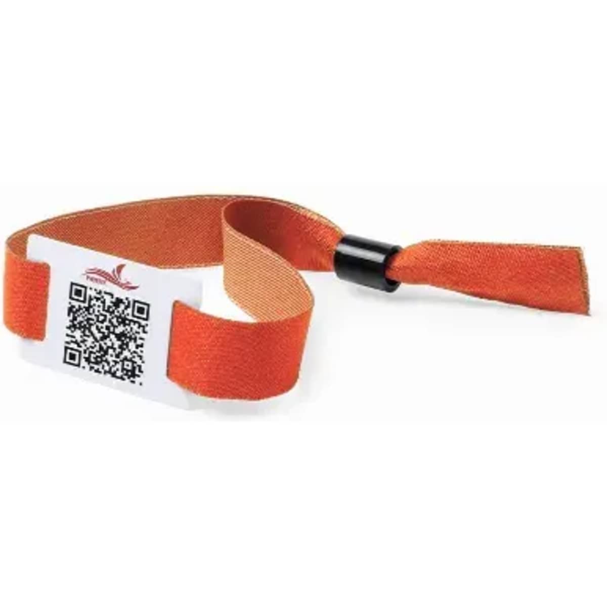 An orange wristband with a QR code and a white label, featuring a black adjustment clasp.