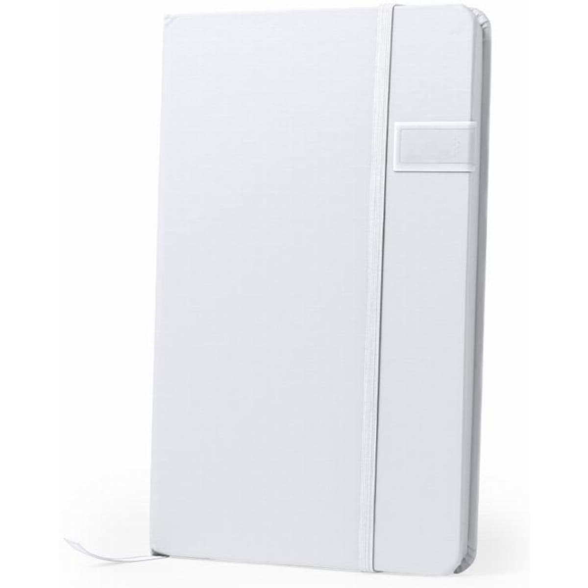 A notebook with a white cover, featuring a band and a placeholder ribbon, showcasing a minimalist design.