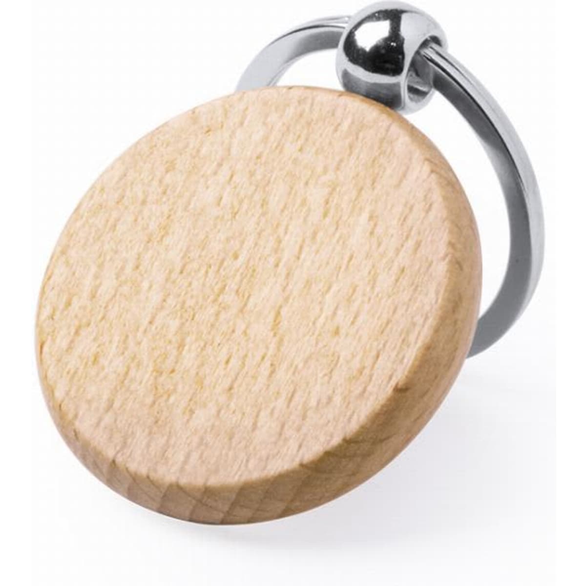 A round wooden keyring with a metal loop attachment, showcasing a natural wood finish.