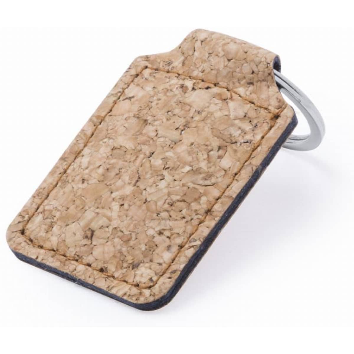 A cork key ring with a silver metal attachment, featuring a textured surface in natural tones.