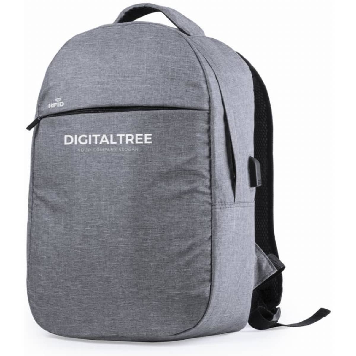 A grey backpack with a padded back and shoulder straps, featuring a zippered compartment and RFID protection.