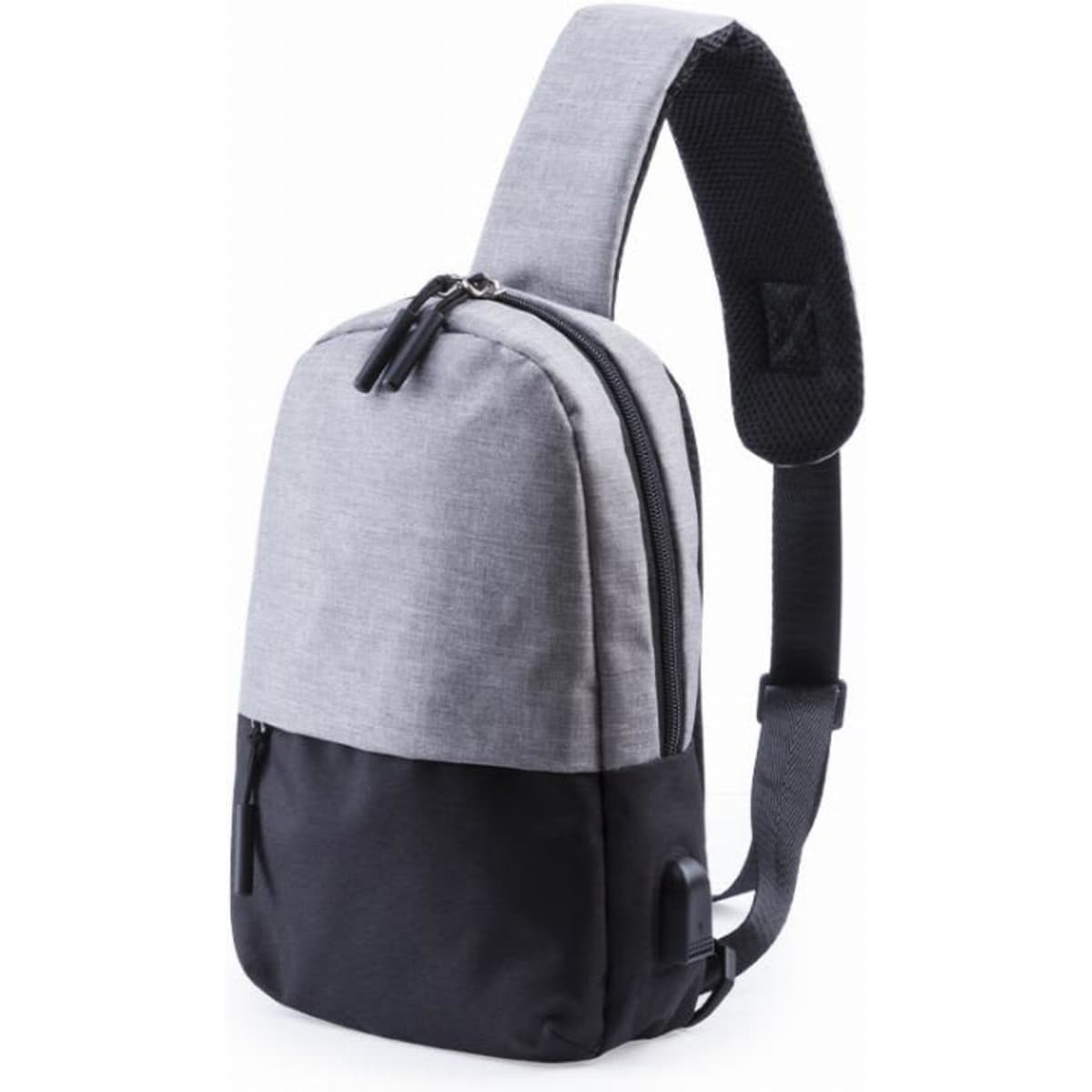 A grey and black sling backpack with a single strap and multiple zippered compartments.