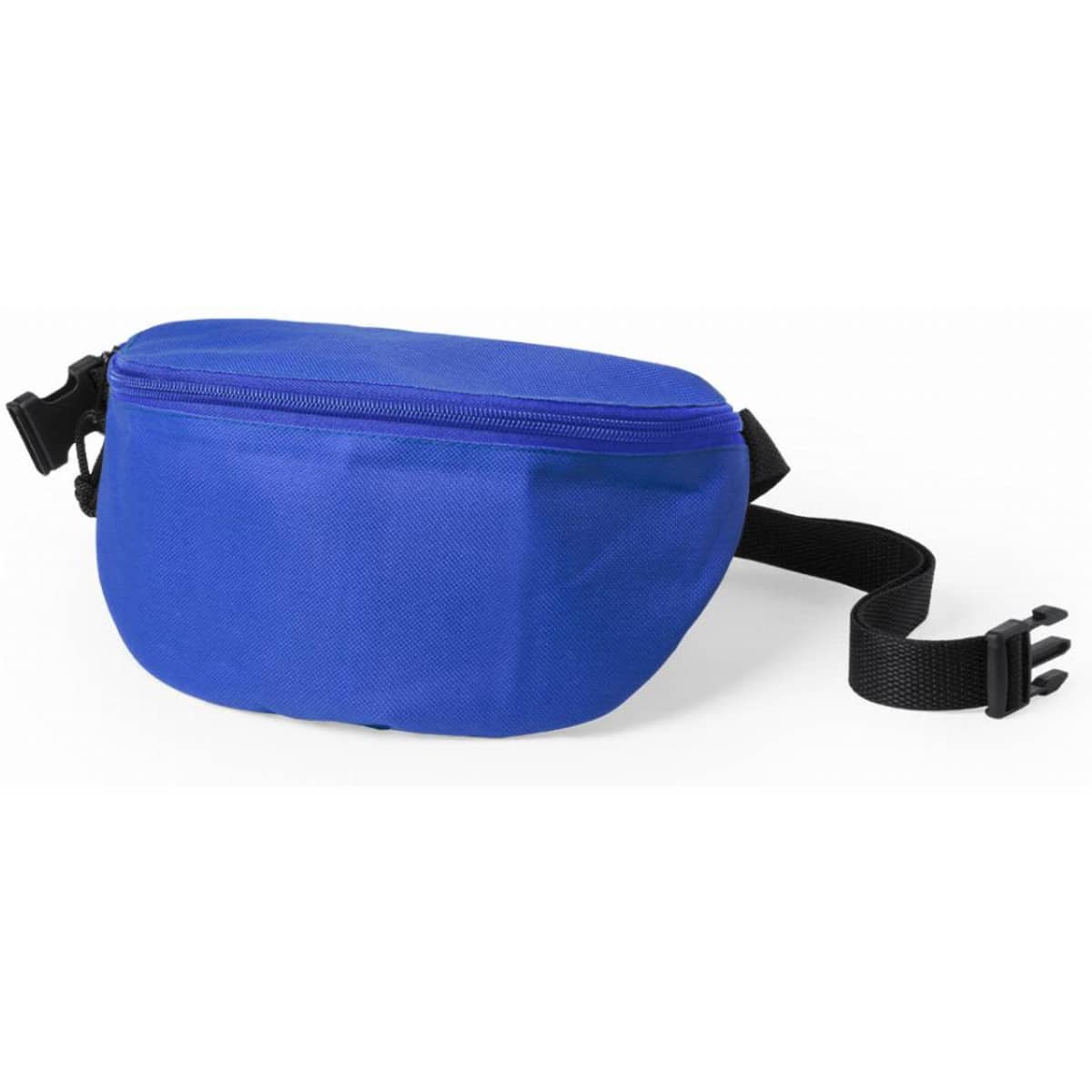 A blue fanny pack with a zipper closure and an adjustable black strap. It features a compact design and includes a logo.