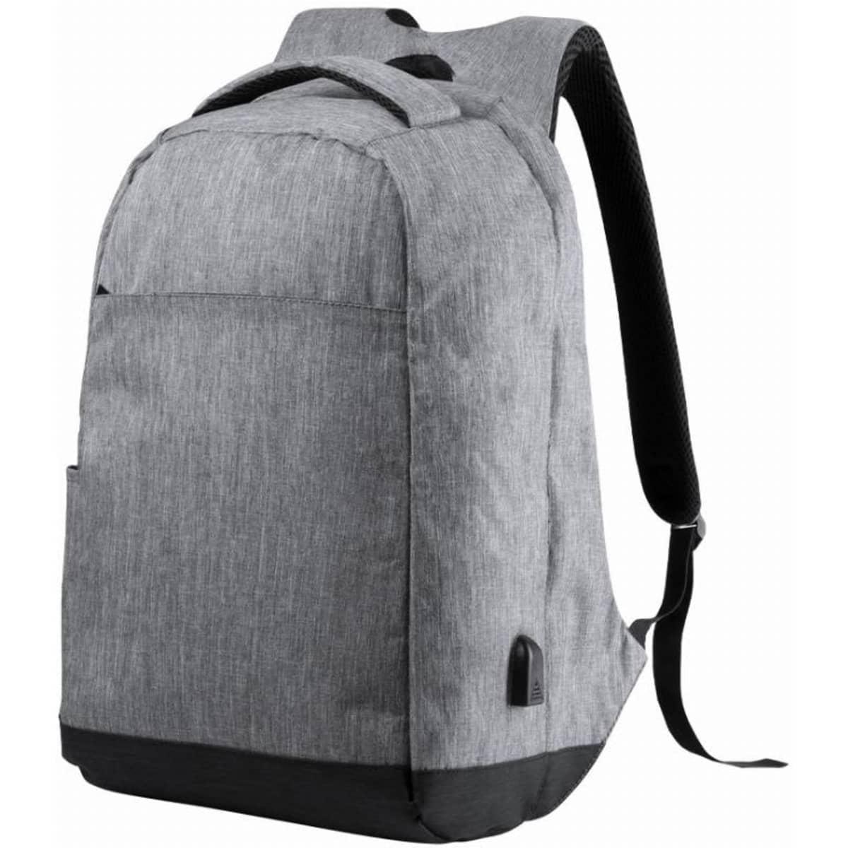A grey backpack with a sleek design features padded shoulder straps and a top handle. It has a logo on the lower side.
