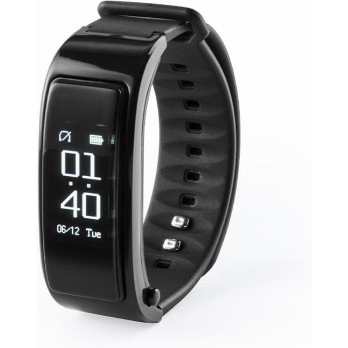A fitness tracker with a black band and a digital display showing time and date. It features a logo on the side.
