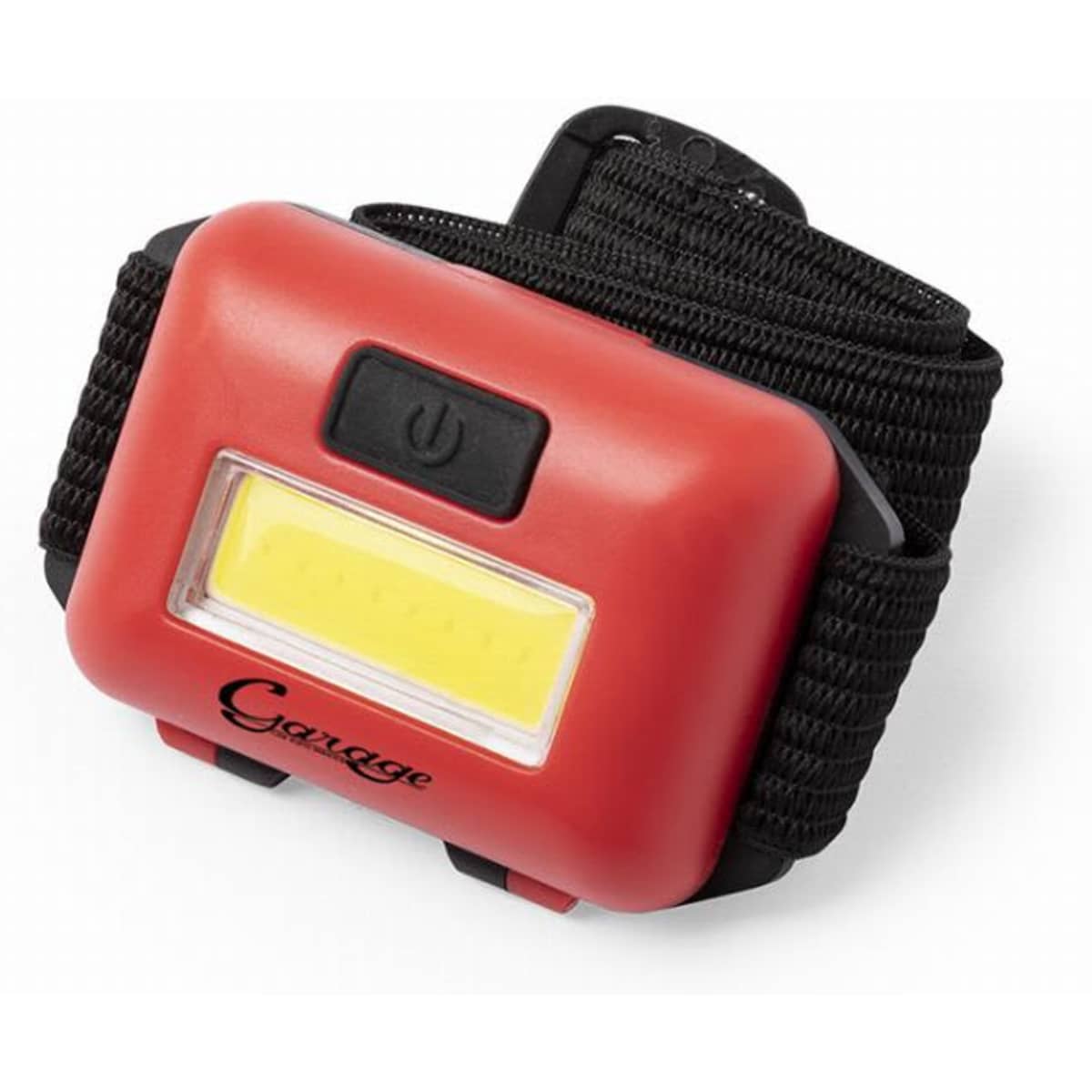 A red handheld light with a black strap, featuring a power button and a bright illumination area.
