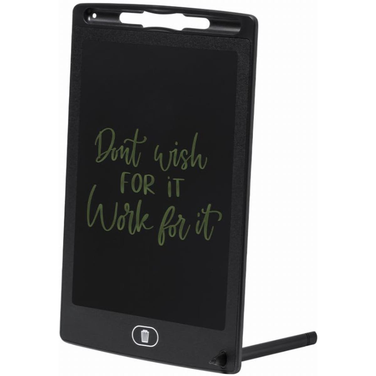A black digital message board with a stand, featuring a handwritten motivational quote.