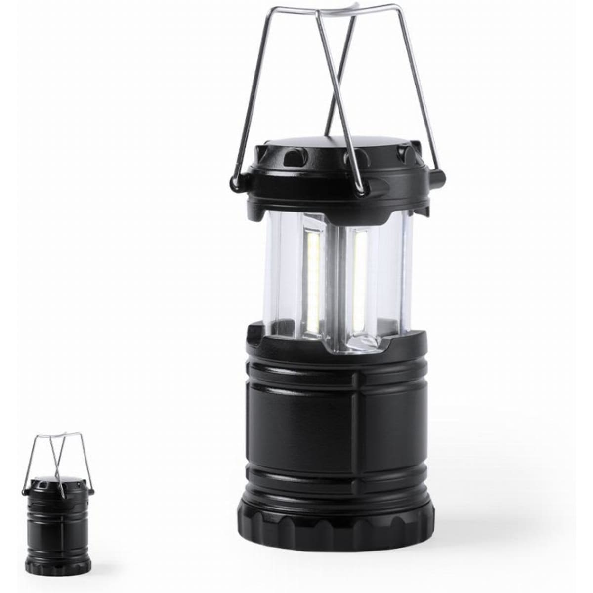 A portable black lantern with a transparent casing and a handle, featuring two bright LED lights inside.