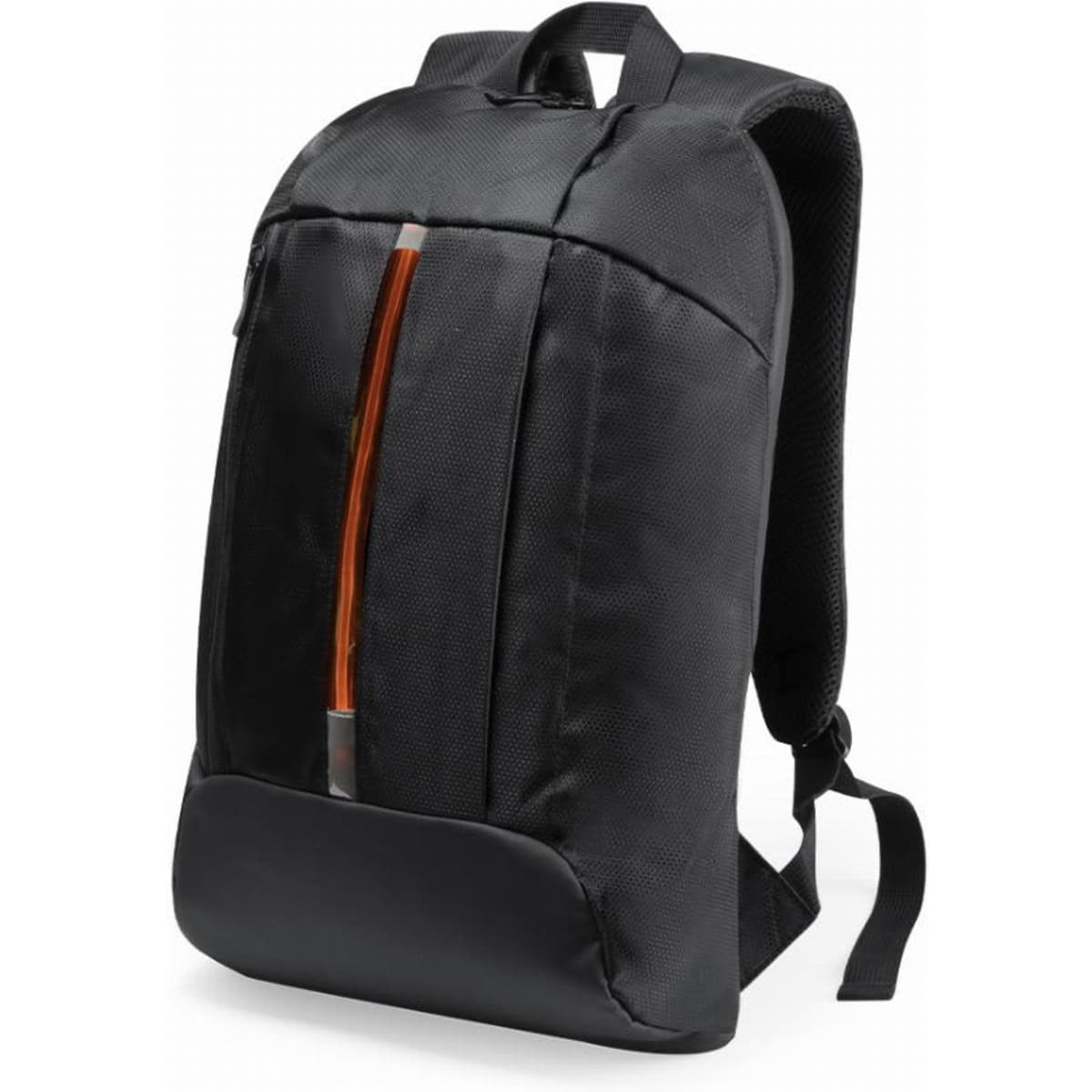 A black backpack with a subtle orange zipper, featuring padded straps and a sleek design. It has a logo on the front.