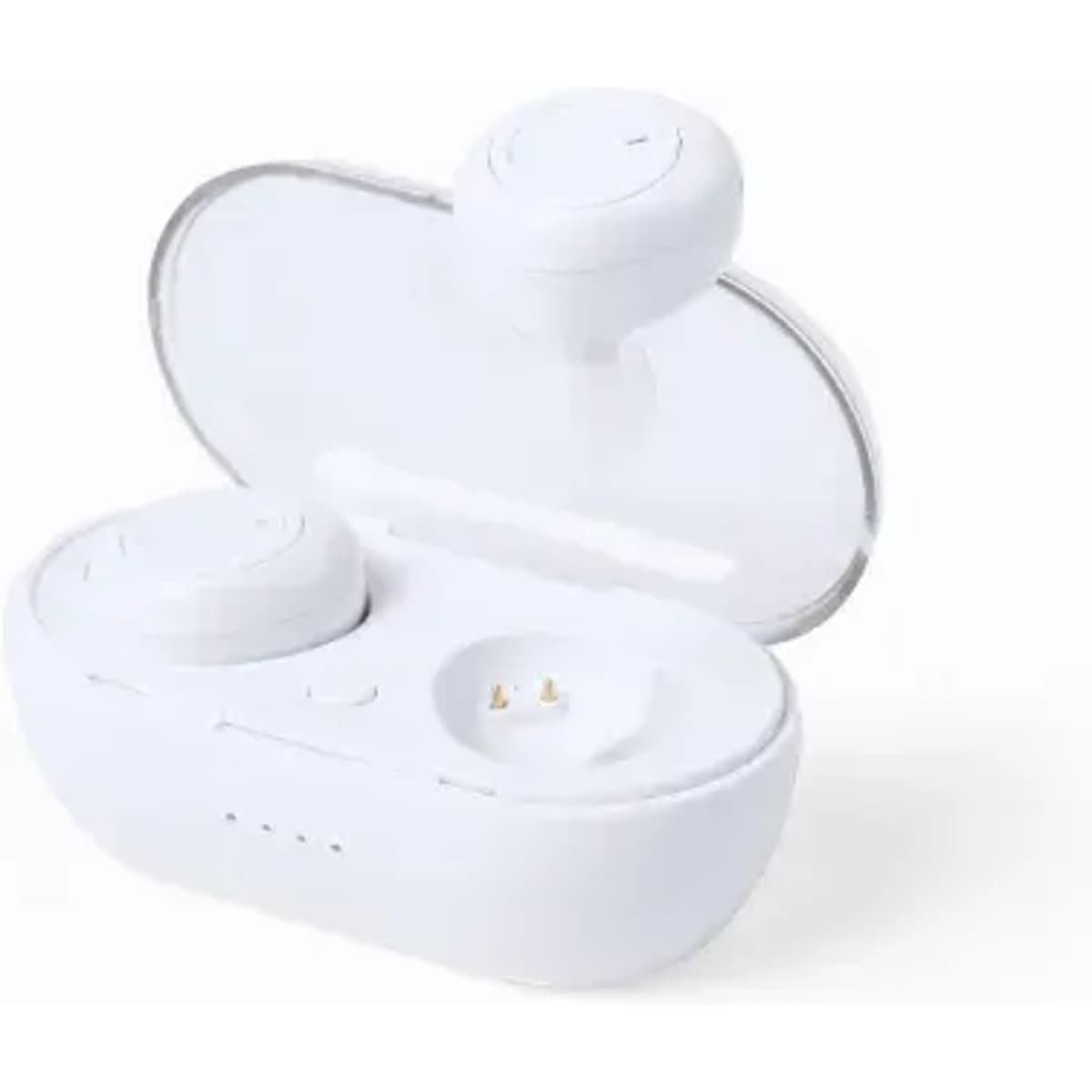 A pair of white wireless earbuds in a charging case, featuring a sleek design and a transparent lid.