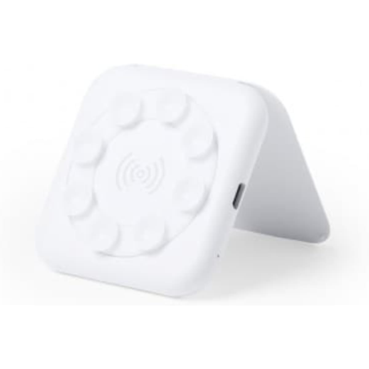 A white wireless suction phone stand with a textured base and a small port for connection. It features a logo.