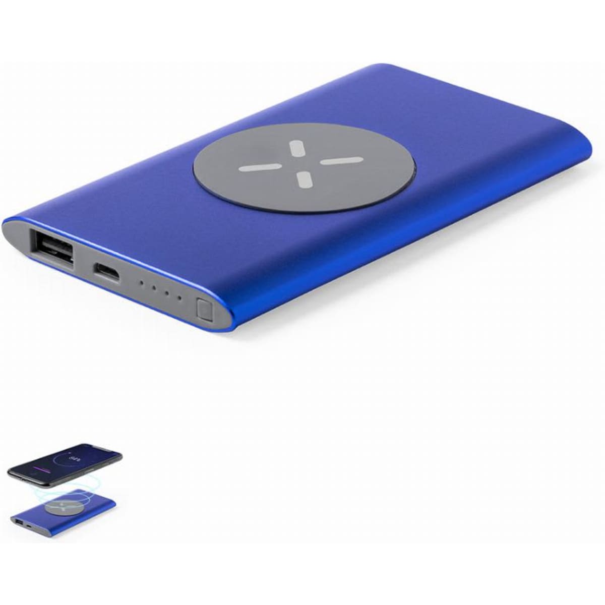 A power bank in vibrant blue featuring a wireless charging pad and USB port, with a logo on the surface.