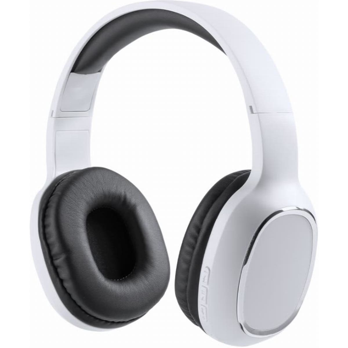 A pair of white headphones with black ear cushions and a shiny silver accent. The headphones have a sleek design and a logo.