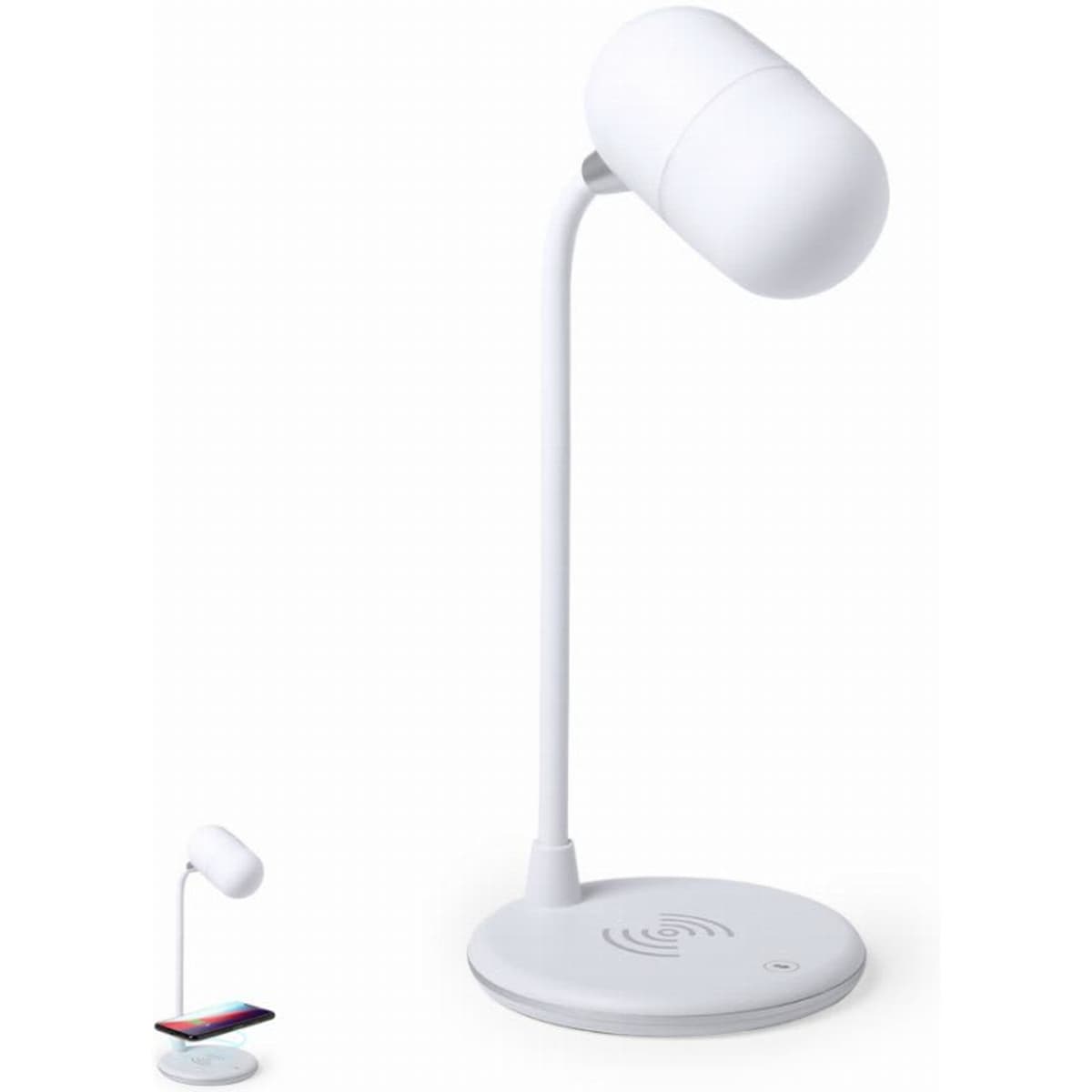 A desk lamp with a white body and a rounded shade, featuring a wireless charging base.